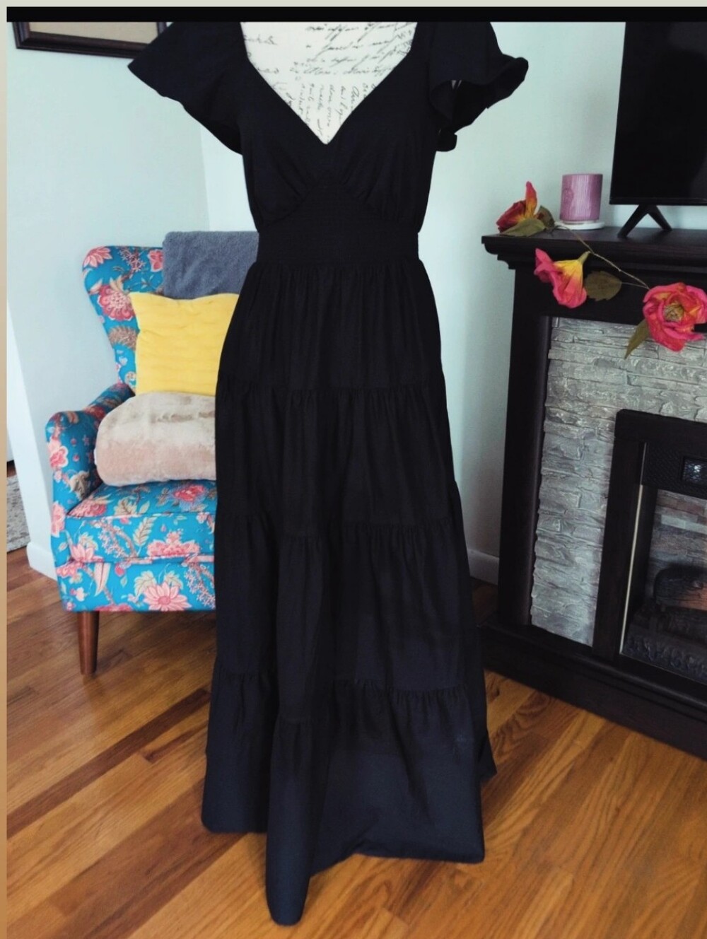 Express Black Flutter-Sleeve Smocked-Waist Maxi Dress